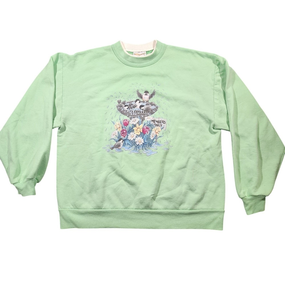 Vintage 90s Morning Sun Bird Bath Floral Sweatshirt Mint Green Cottagecore Lrg